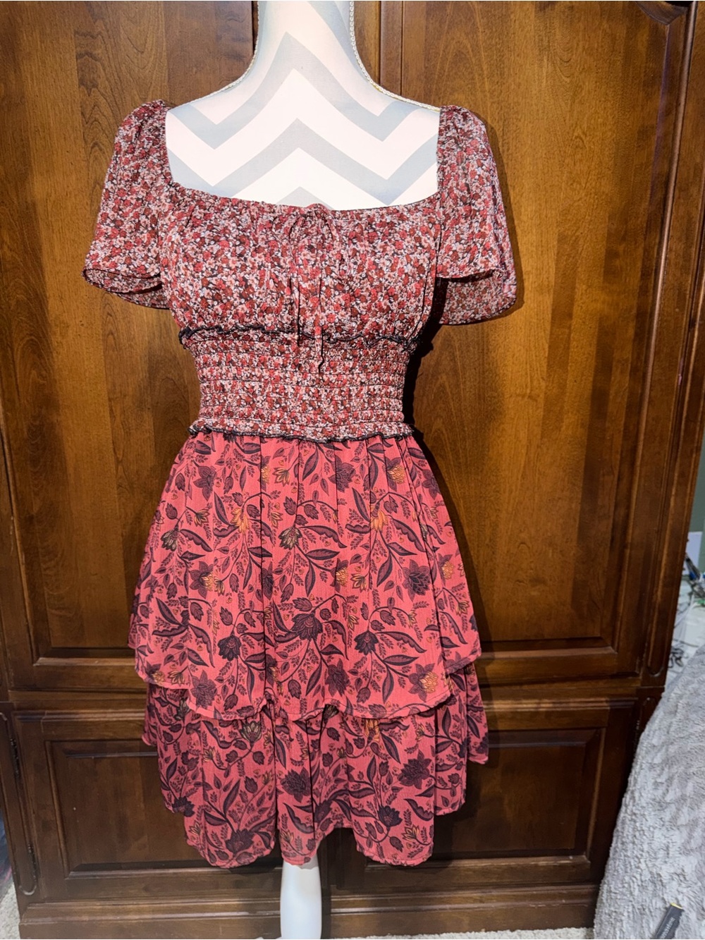 Smocked Rust Floral Tiered Mini Dress